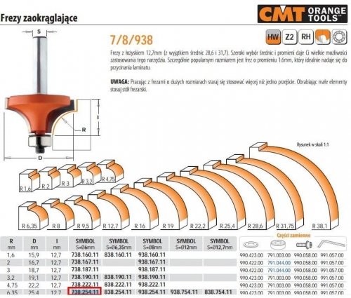 CMT FREZ ZAOKRĄGLAJĄCY Z ŁOŻYSKIEM HM R= 6,35 D=25,4 I=12,7 S=6... CMT738.254.11