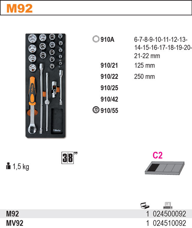 BETA zestaw nasadek 3/8 imbus z pokrętłem i przedłużaczem 2450/M92