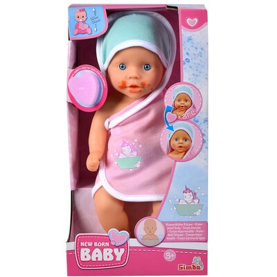 Simba New Born Baby lalka kąpielowa, zabawka do pływania, pełna winyl, funkcja zmiany kolorów, chusta z kapturem, z gąbką, 30 cm, od 3 lat 105030006
