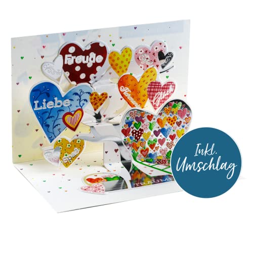 bsb Zabawna kartka urodzinowa życzenia urodzinowe - kartka pop up - kolorowe serca - koperta czerwona