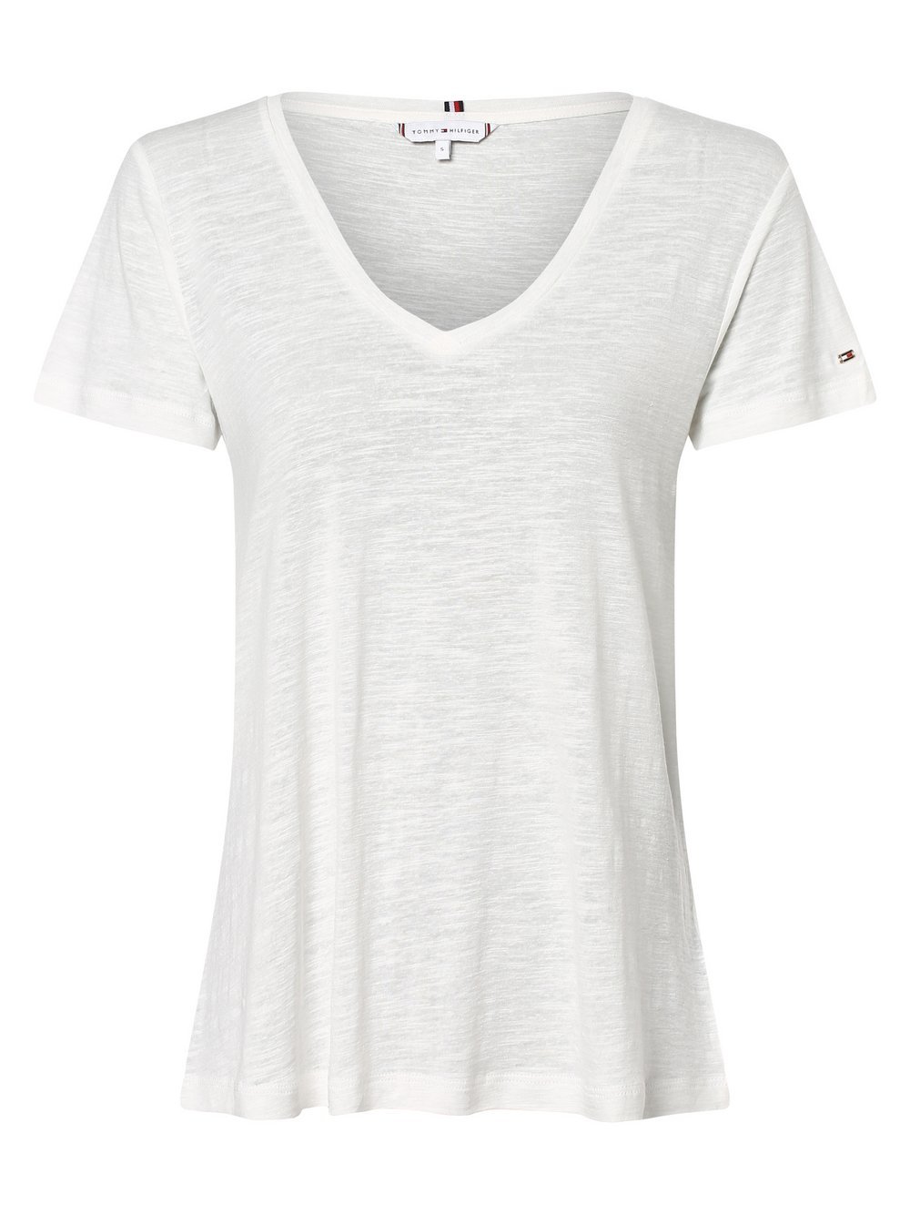Tommy Hilfiger - T-shirt damski z dodatkiem lnu, biały