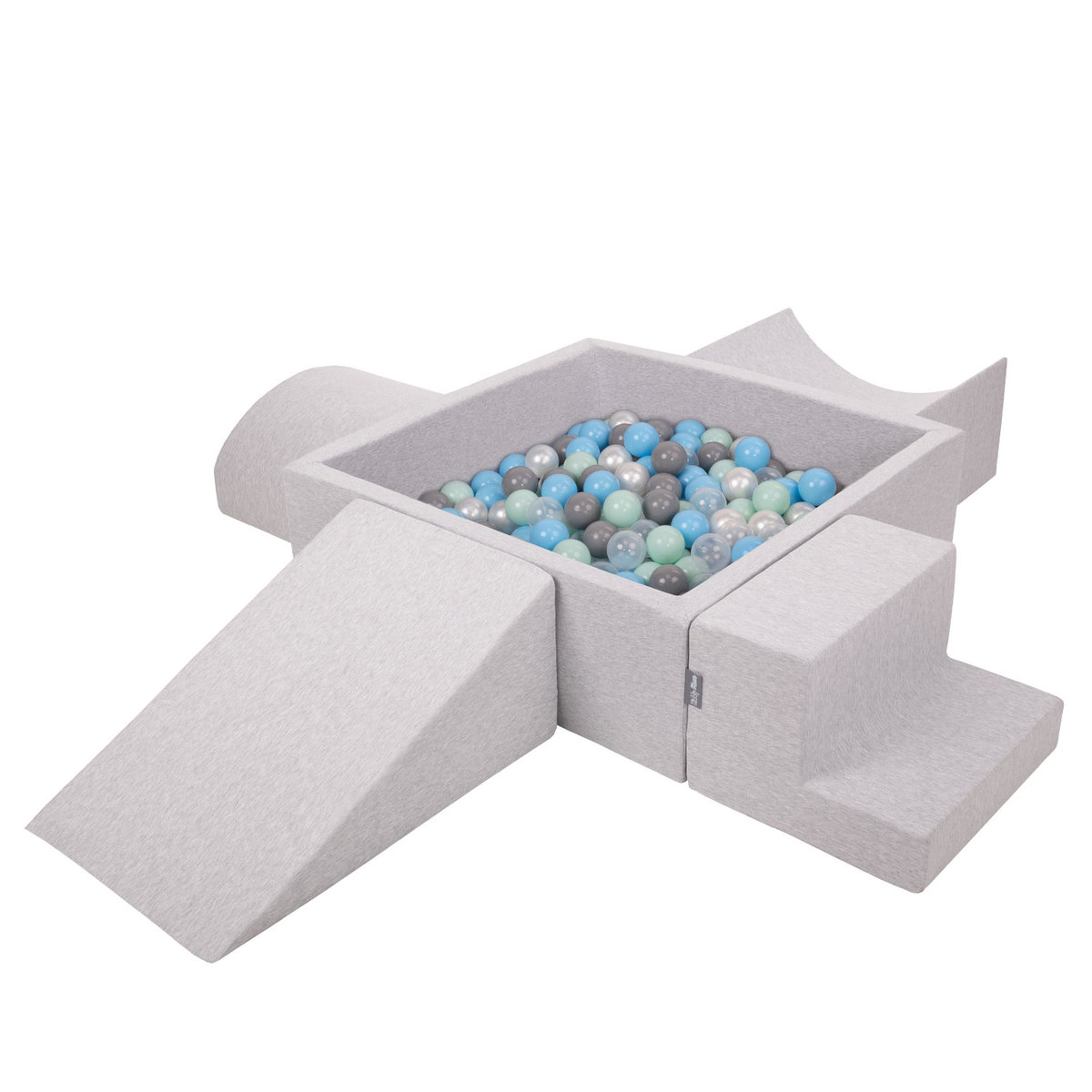 KiddyMoon Piankowy plac zabaw PPZP-KW30D-115 z piłeczkami jasnoszary: perła-szary-transparent-babyblue-mięta basen 300/klin L/rampa L/półwałek L/sch..