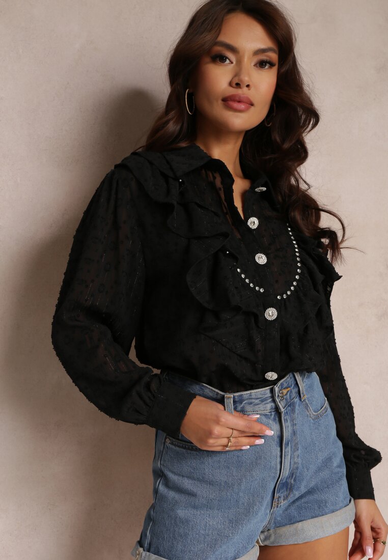 Czarna Koszula Plumeti z Falbanką i Metaliczną Nitką Eutria