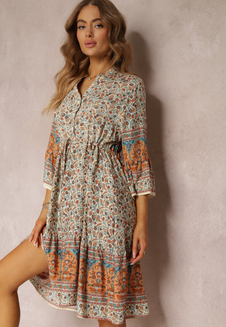 Beżowa Wiskozowa Sukienka w Kwiaty z Rękawem 3/4 i Falbanką Sulamita