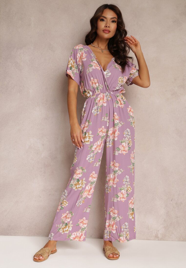 Różowy Kopertowy Kombinezon w Kwiaty z Gumką w Talii Jazila