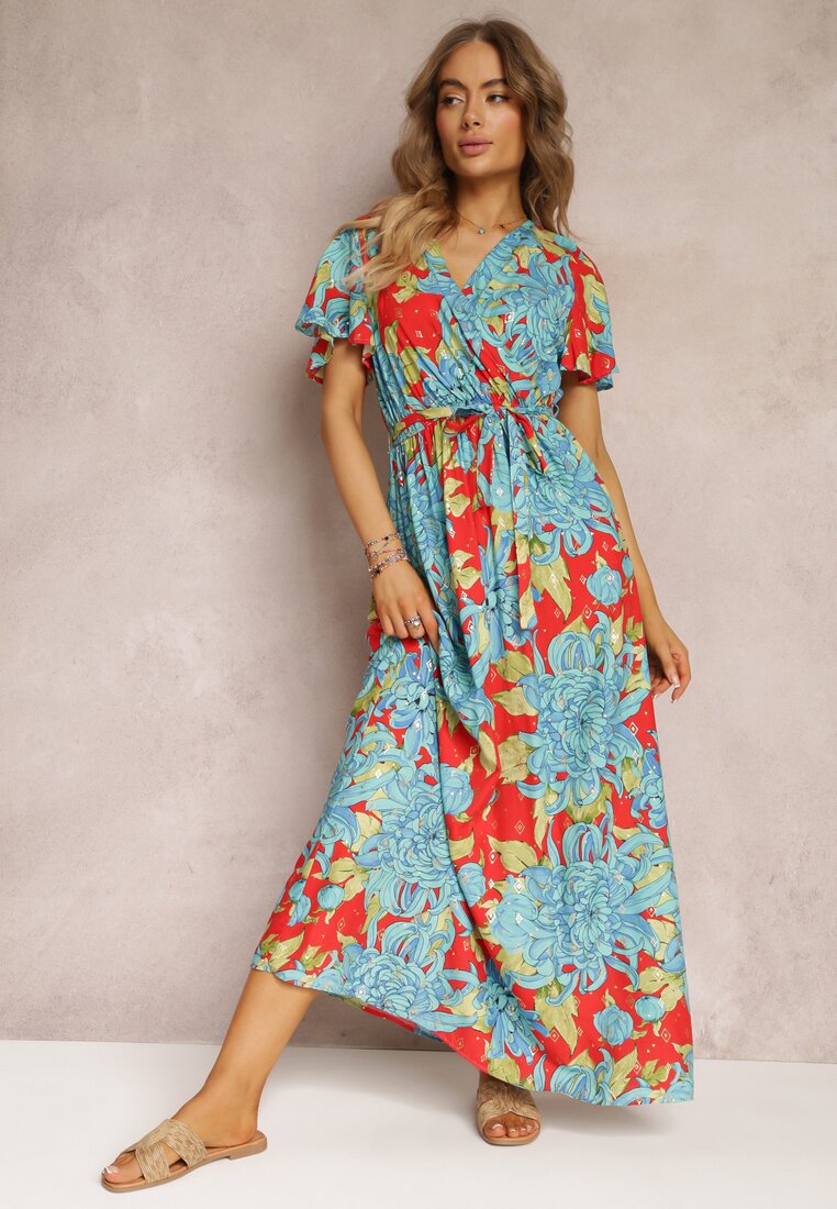 Niebiesko-Czerwona Wiskozowa Sukienka Maxi z Kopertowym Dekoltem z Gumką w Talii Lynette