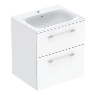 GEBERIT 501.232.00.1 Selnova Square Zestaw szafki pod umywalkę, z dwiema szufladami, B55cm, H65.2cm, T50.2cm, biały, z umywalką meblową cienki rant, z przelewem, z otworem na baterię