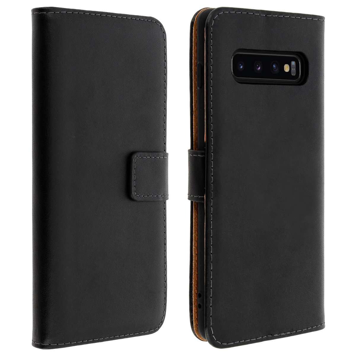 Skórzane Etui Folio do Samsunga Galaxy S10 Plus, Podstawka Wideo Prawdziwa Skóra Czarna