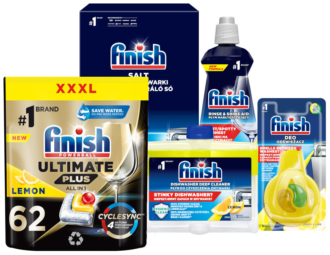 FINISH Ultimate Plus Kapsułki do zmywarki lemon 62 szt. + sól + nabłyszczacz + czyścik + zapach