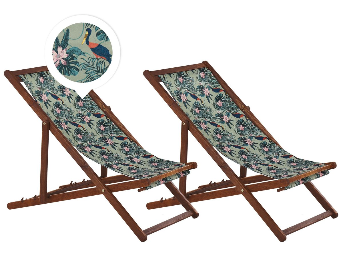 Zestaw 2 Leżaków Ogrodowych Ciemne Drewno Akacjowe Wzór W Pelikany Anzio