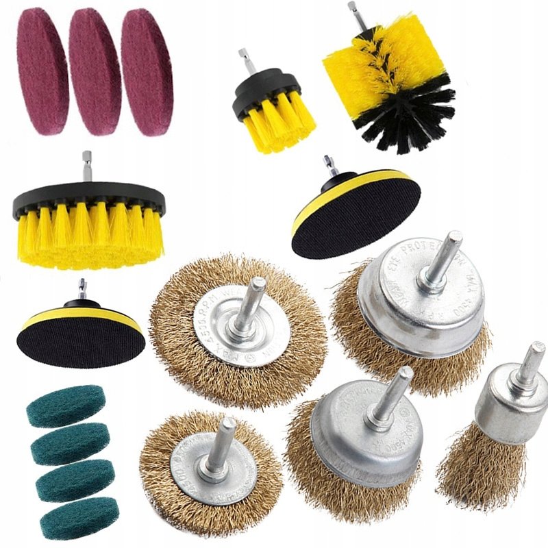 Zestaw 12 elementów do czyszczenia na wkrętarkę + Zestaw 5 szczotek drucianych na wkrętarkę