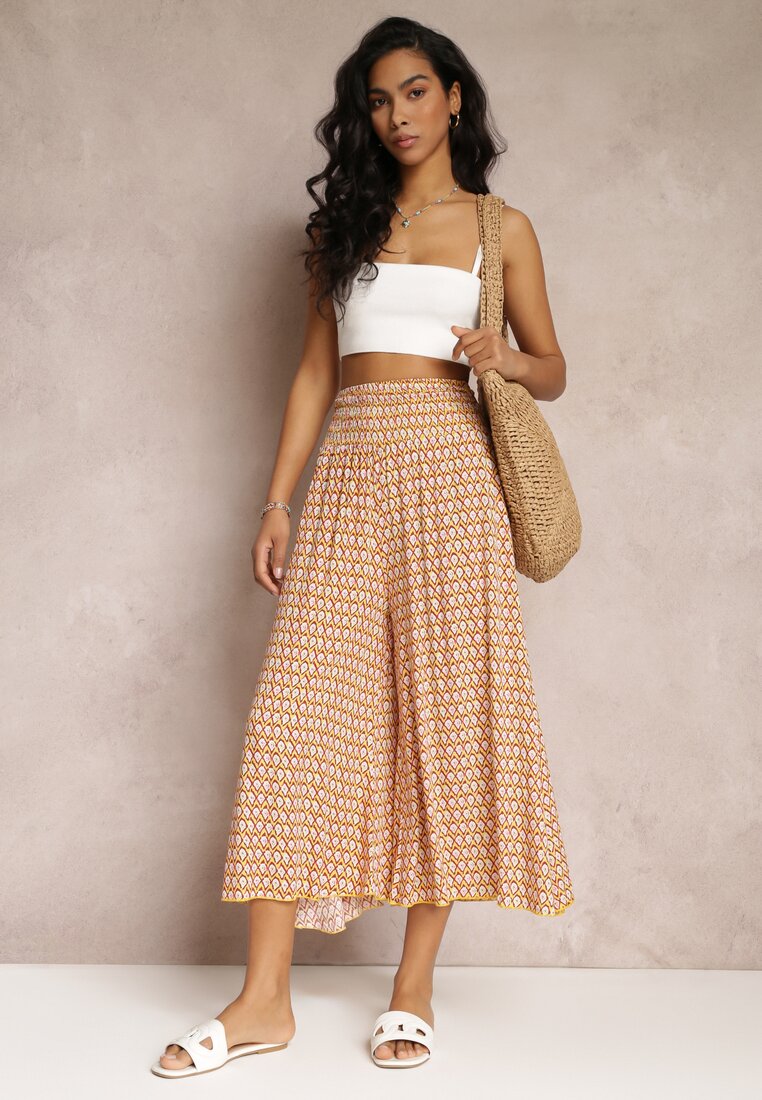 Żółte Szerokie Spodnie z Wiskozy z Marszczoną Gumką w Talii Mellody