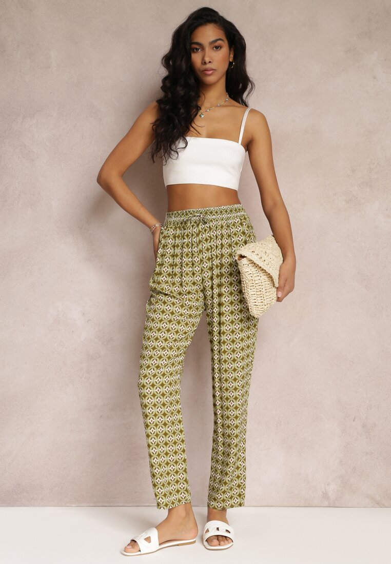 Ciemnozielone Spodnie z Wiskozy w Fantazyjny Print Innozentia