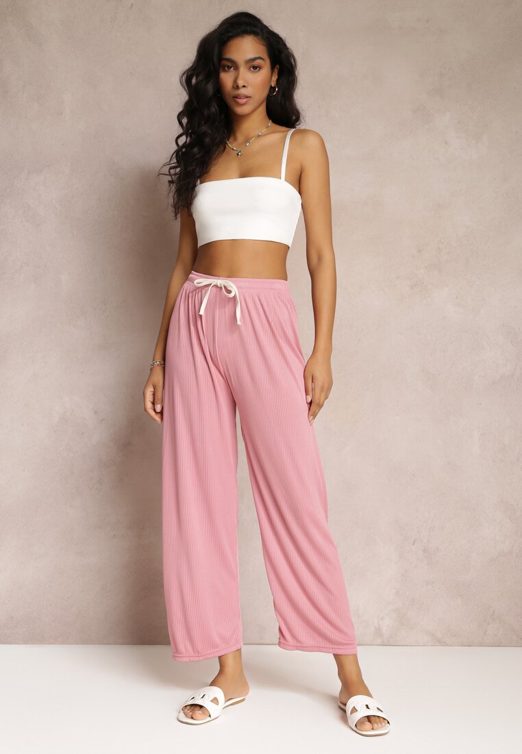 Różowe Szerokie Spodnie z Marszczoną Gumką i Sznurkiem Feliti