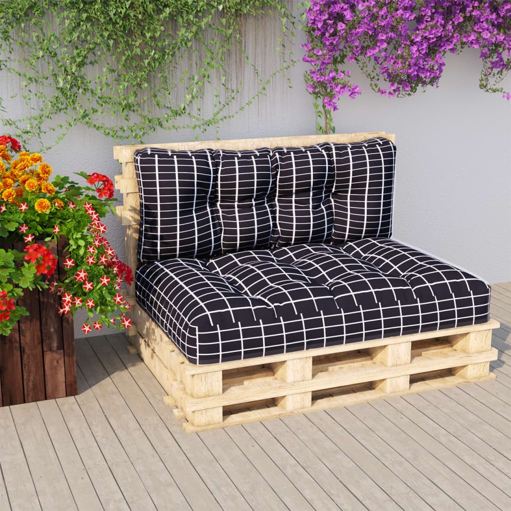 Poduszki na sofę z palet, 2 szt., czarne w kratę, tkanina