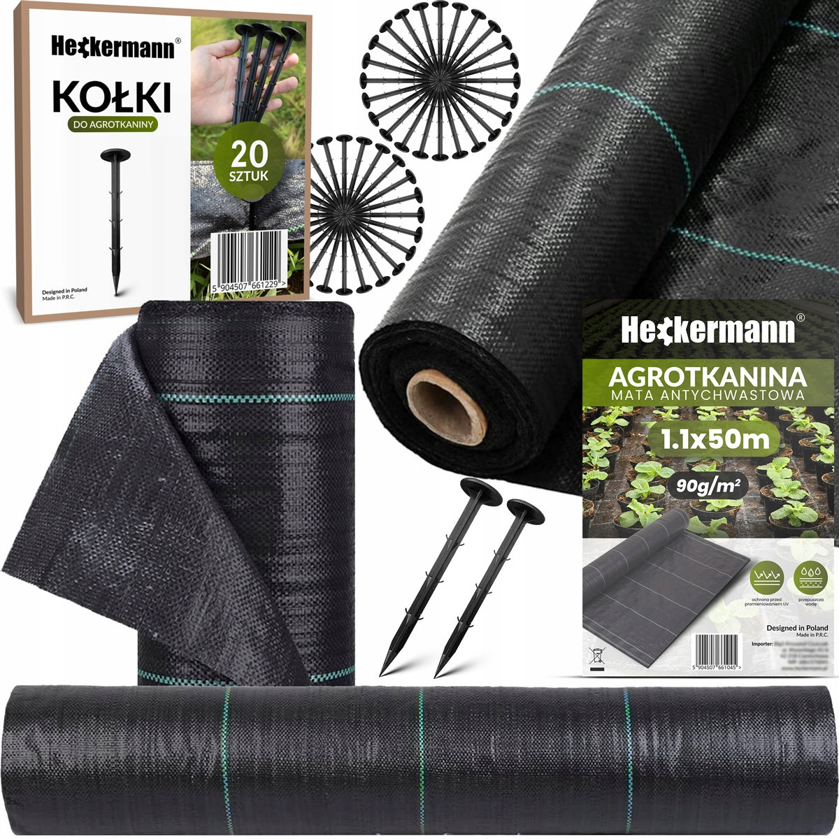 Zestaw Agrotkanina Heckermann 1,1x50m 90g/m2 Czarna + Kołki czarne 20 szt