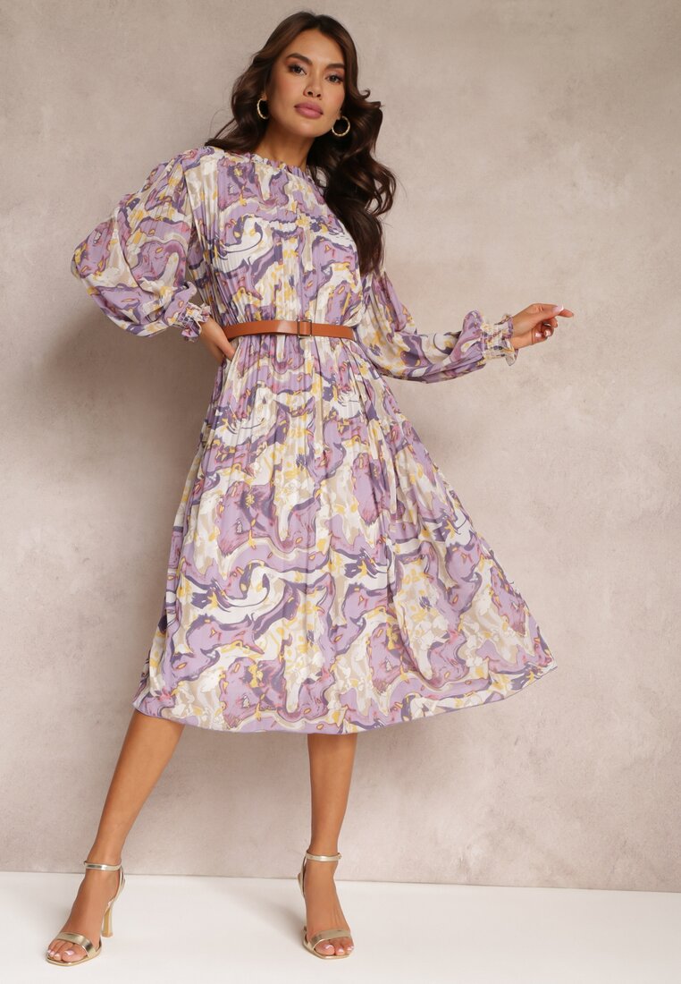 Fioletowa Plisowana Sukienka Midi z Długim Rękawem i Paskiem ze Sprzączką Lizeta