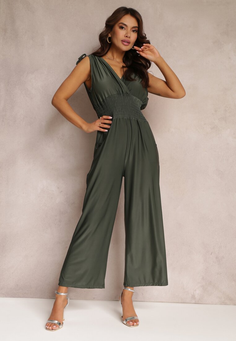 Ciemnozielony Kombinezon z Szerokimi Nogawkami i Gumkami w Talii Adriannae