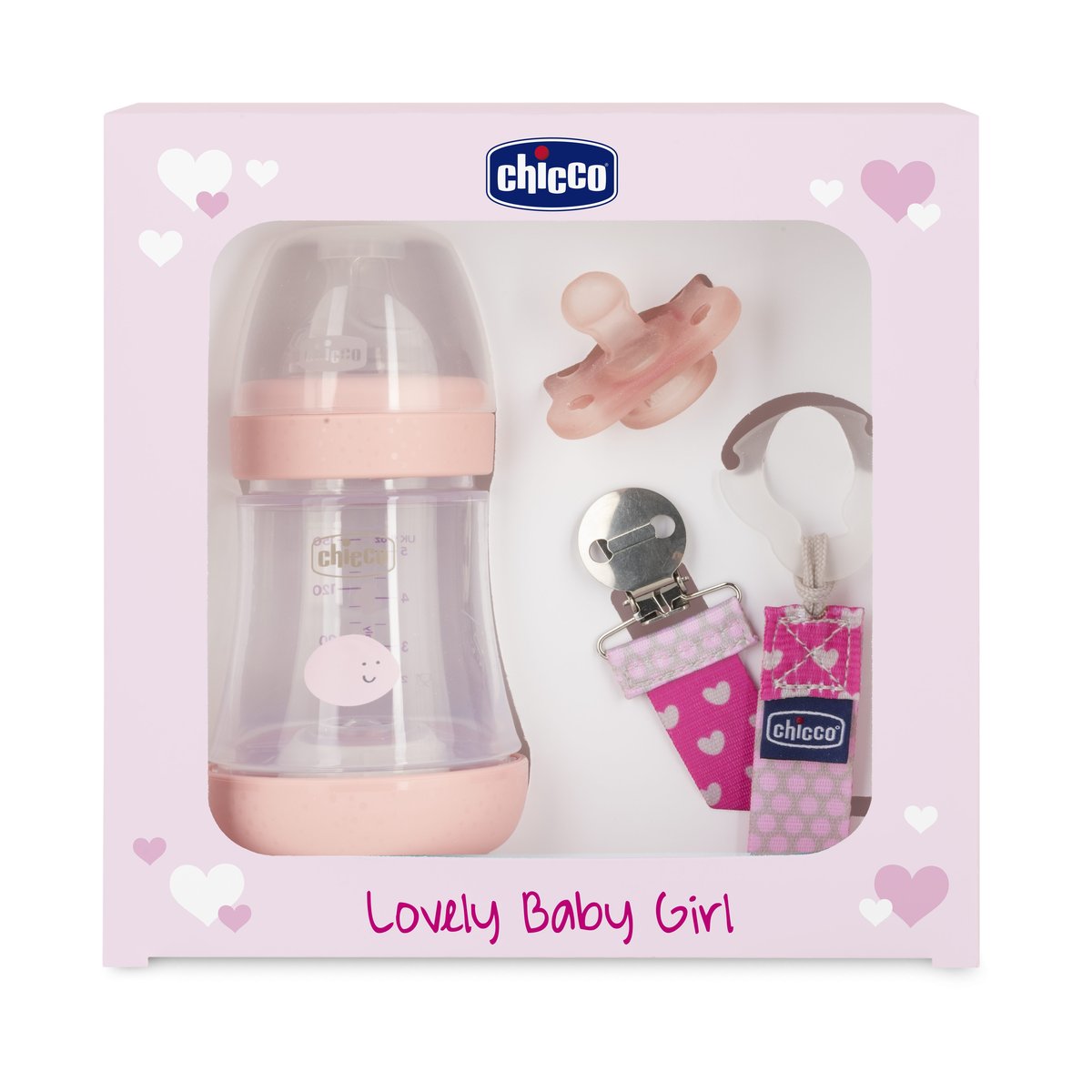 Chicco ZESTAW DLA NOWORODKA GIRL Butelka antykolkowa Perfect5 + smoczek mini soft + tasiemka TOW011084