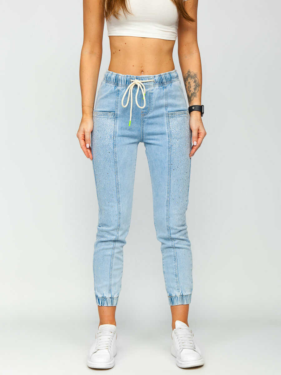 Błękitne spodnie z cekinami jeansowe damskie mom fit Denley BF108
