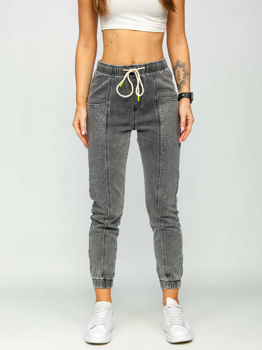 Grafitowe spodnie z cekinami jeansowe damskie mom fit Denley BF108