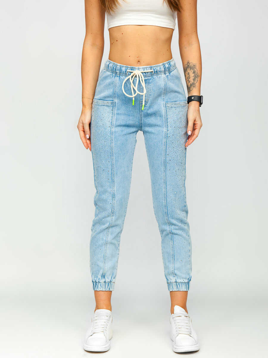 Niebieskie spodnie z cekinami jeansowe damskie mom fit Denley BF108