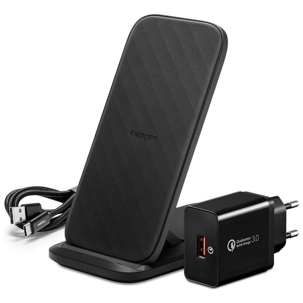 Spigen Ładowarka bezprzewodowa Stand Qi 15W F316W +ładowarka sieciowa QC3.0, czarna 8809613765007