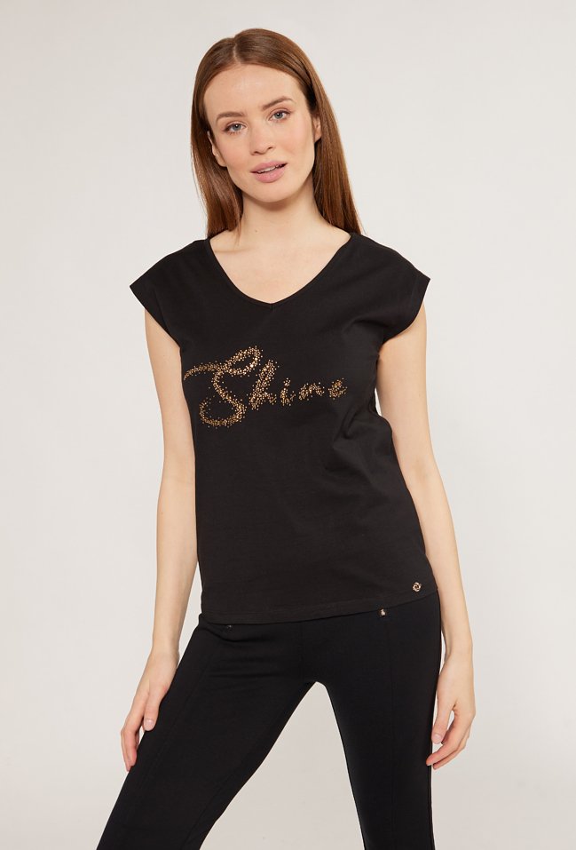 Bawełniany t-shirt z cekinowym napisem - Monnari