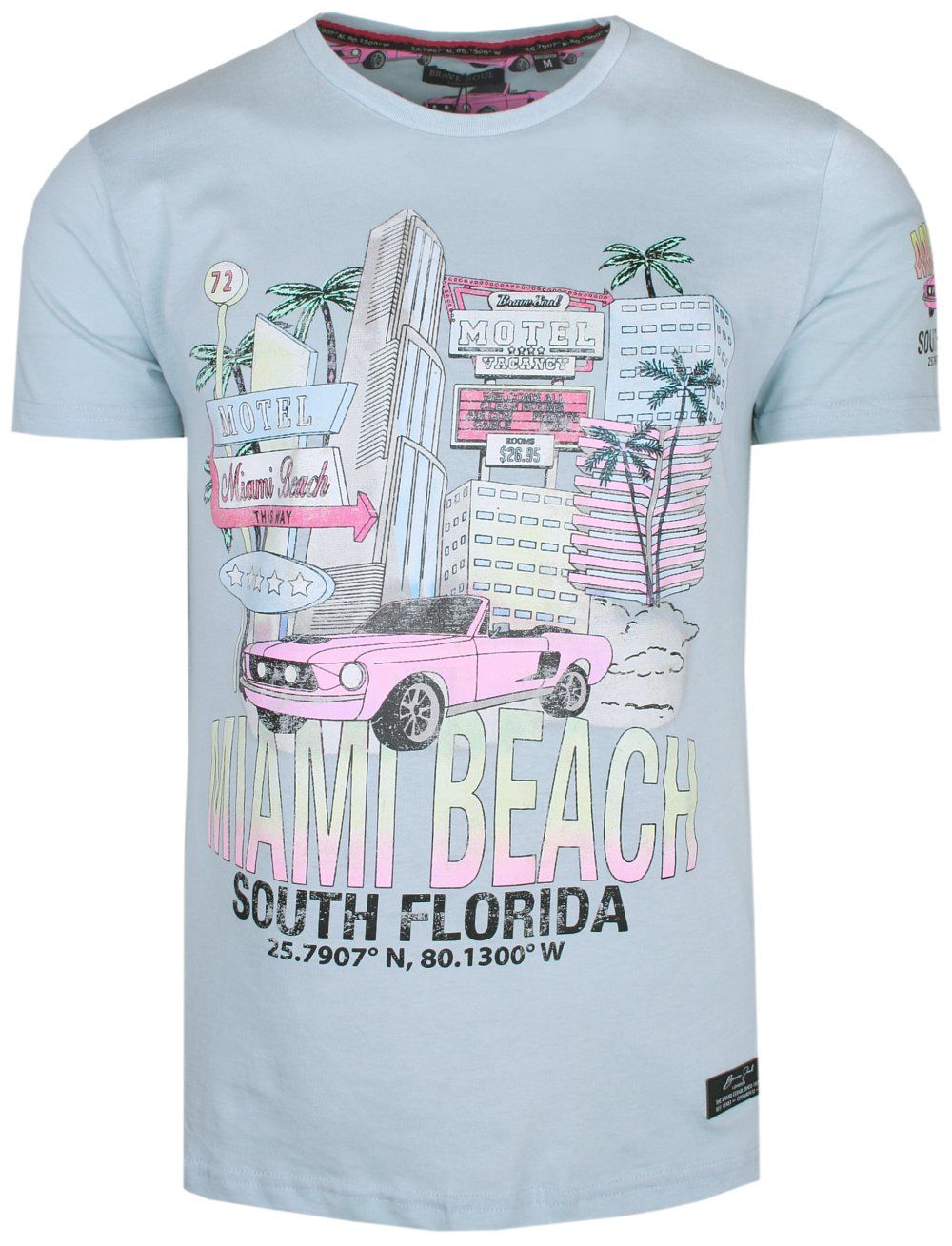 T-Shirt Bawełniany Błękitny z Nadrukiem, MIAMI BEACH, Okrągły Dekolt -BRAVE SOUL - Brave Soul