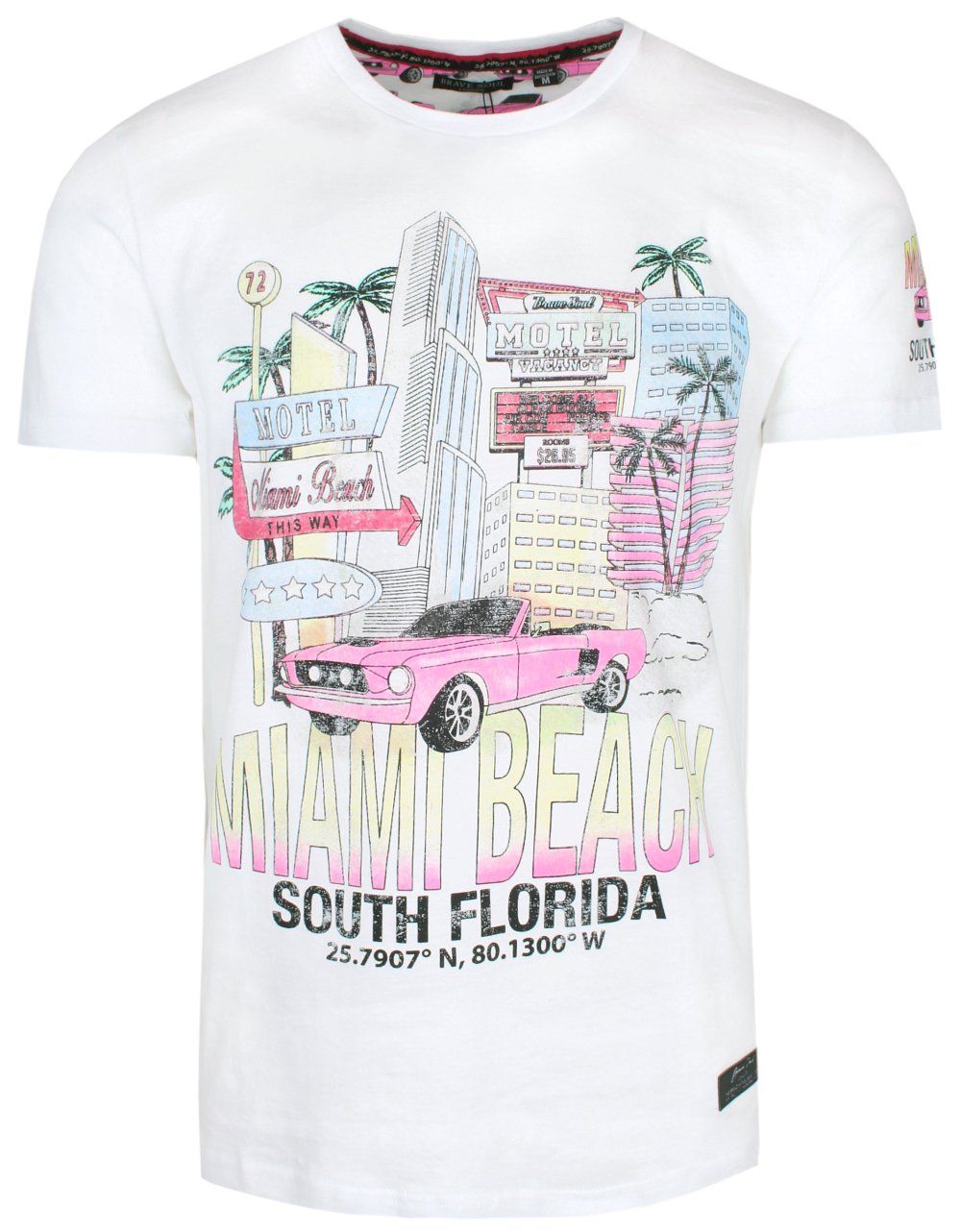 T-Shirt Bawełniany Biały z Nadrukiem, MIAMI BEACH, Okrągły Dekolt -BRAVE SOUL - Brave Soul