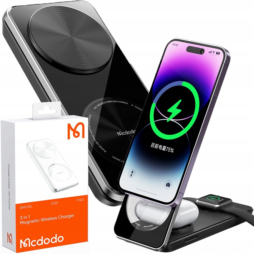 MCDODO, STACJA DOKUJĄCA 3W1 QI DO IPHONE, AIRPODS, WATCH, CZARNA