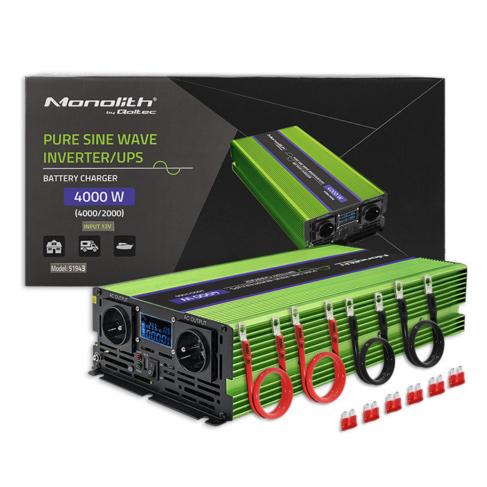 Qoltec Przetwornica Napięcia Monolith Ładowanie Baterii Ups 2000W 4000W 12V Na 230V Czysty Sinus Lcd