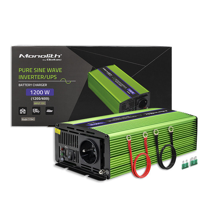 Qoltec Przetwornica napięcia Monolith ładowanie baterii UPS 600W 1200W 12V na 230V Czysty Sinus