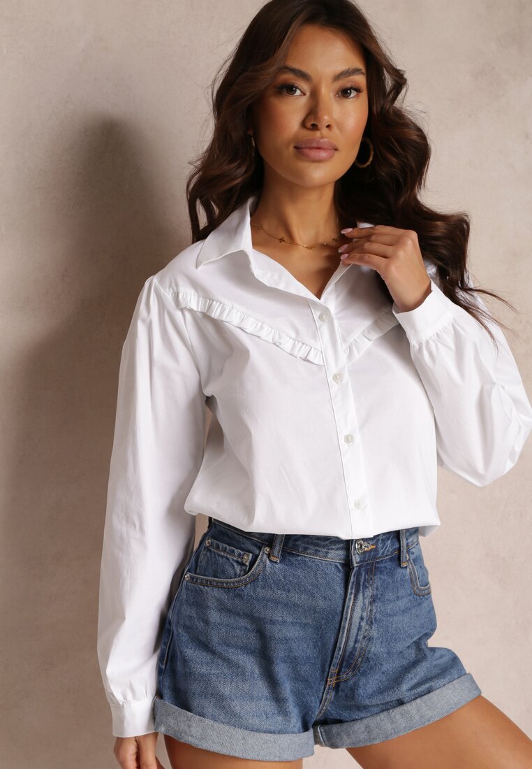 Biała Bawełniana Koszula z Kołnierzem i Falbanką Chrissa