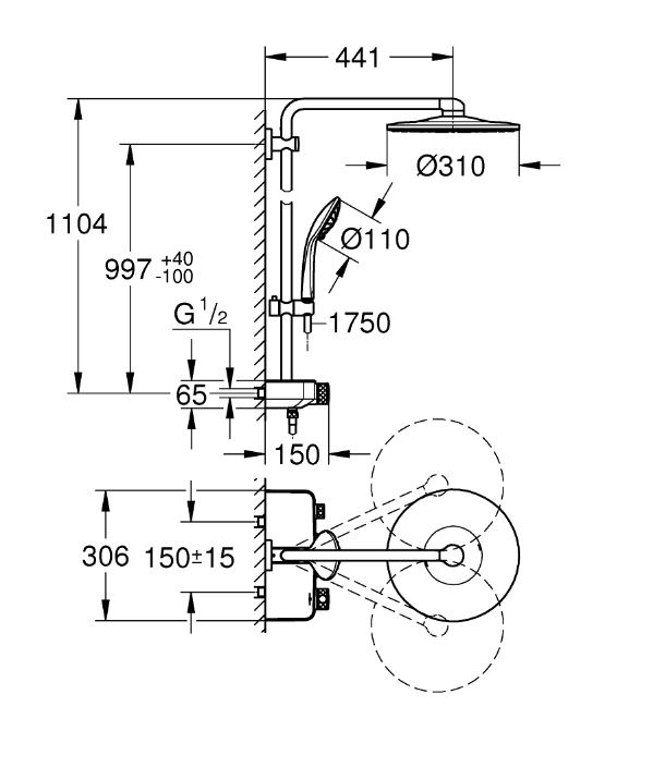 Grohe Euphoria System 310 Zestaw prysznicowy termostatyczny ścienny z deszczownicą phantom black 22120KF0
