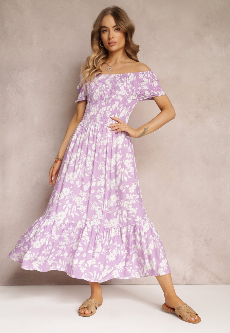 Fioletowa Rozkloszowana Sukienka Midi z Hiszpańskim Dekoltem w Kwiaty Zevana
