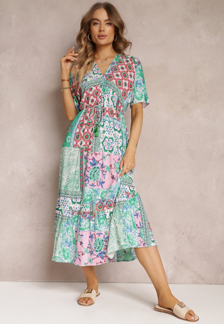 Zielono-Różowa Wiskozowa Sukienka Mini w Kwiaty z Gumką w Pasie Roslyna