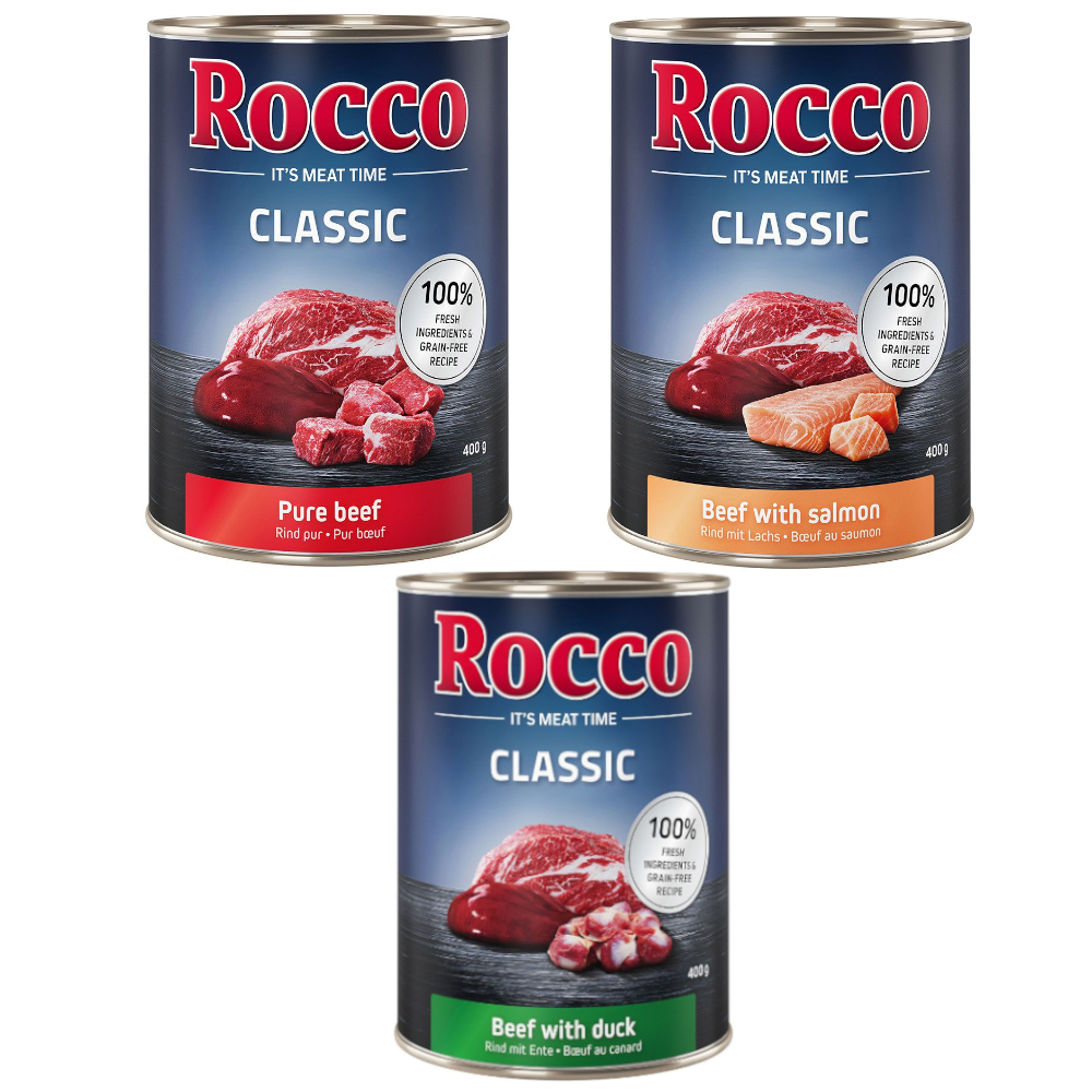 5 + 1 gratis! Mieszany pakiet próbny Rocco Classic, 6 x 400 g  - Mix V: czysta wołowina, wołowina/łosoś, wołowina/kaczka