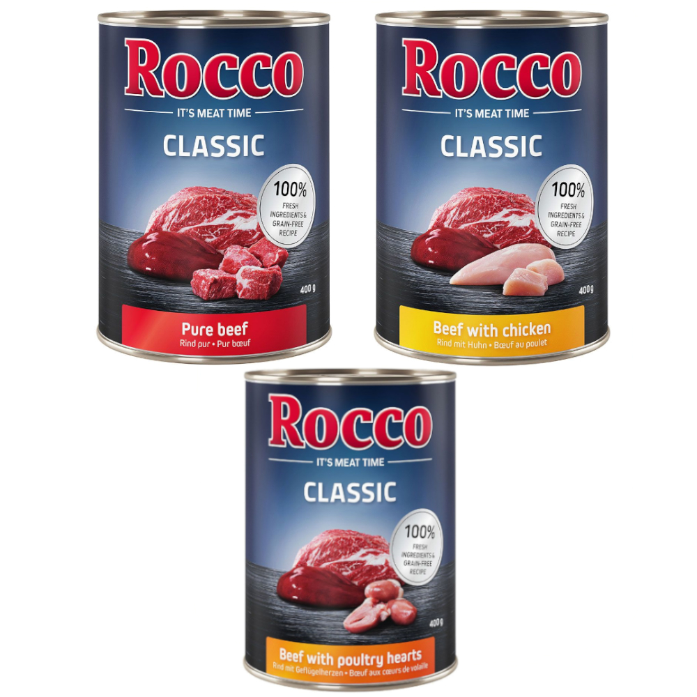 5 + 1 gratis! Mieszany pakiet próbny Rocco Classic, 6 x 400 g  - Mix I: czysta wołowina, wołowina/serca drobiowe, wołowina/kurczak