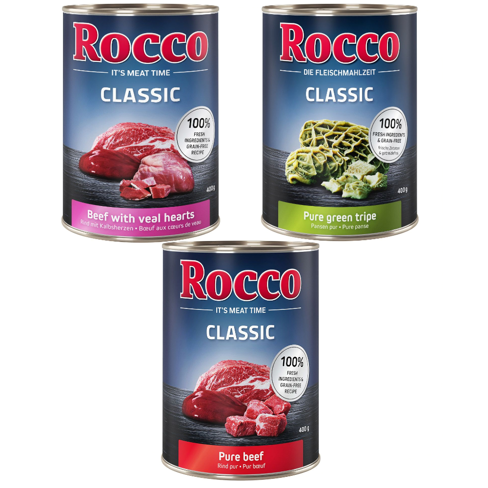 5 + 1 gratis! Mieszany pakiet próbny Rocco Classic, 6 x 400 g  - Mix II: czysta wołowina, wołowina/serca cielęce, wołowina/żwacz wołowy