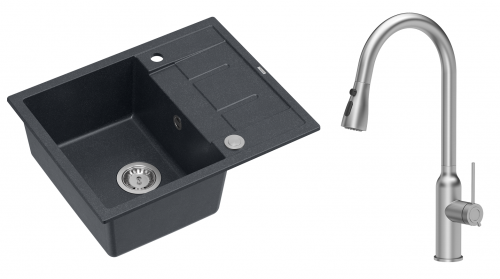 Quadron Unique Zlewozmywak granitowy jednokomorowy 62*50*22 cm z ociekaczem MORGAN 116 BLACK DIAMOND z syfonem Push-2-Open w kolorze stalowym z baterią JESSICA Q LINE z wyciąganą wylewką i funkcją prysznica kolor stal szczotkowana