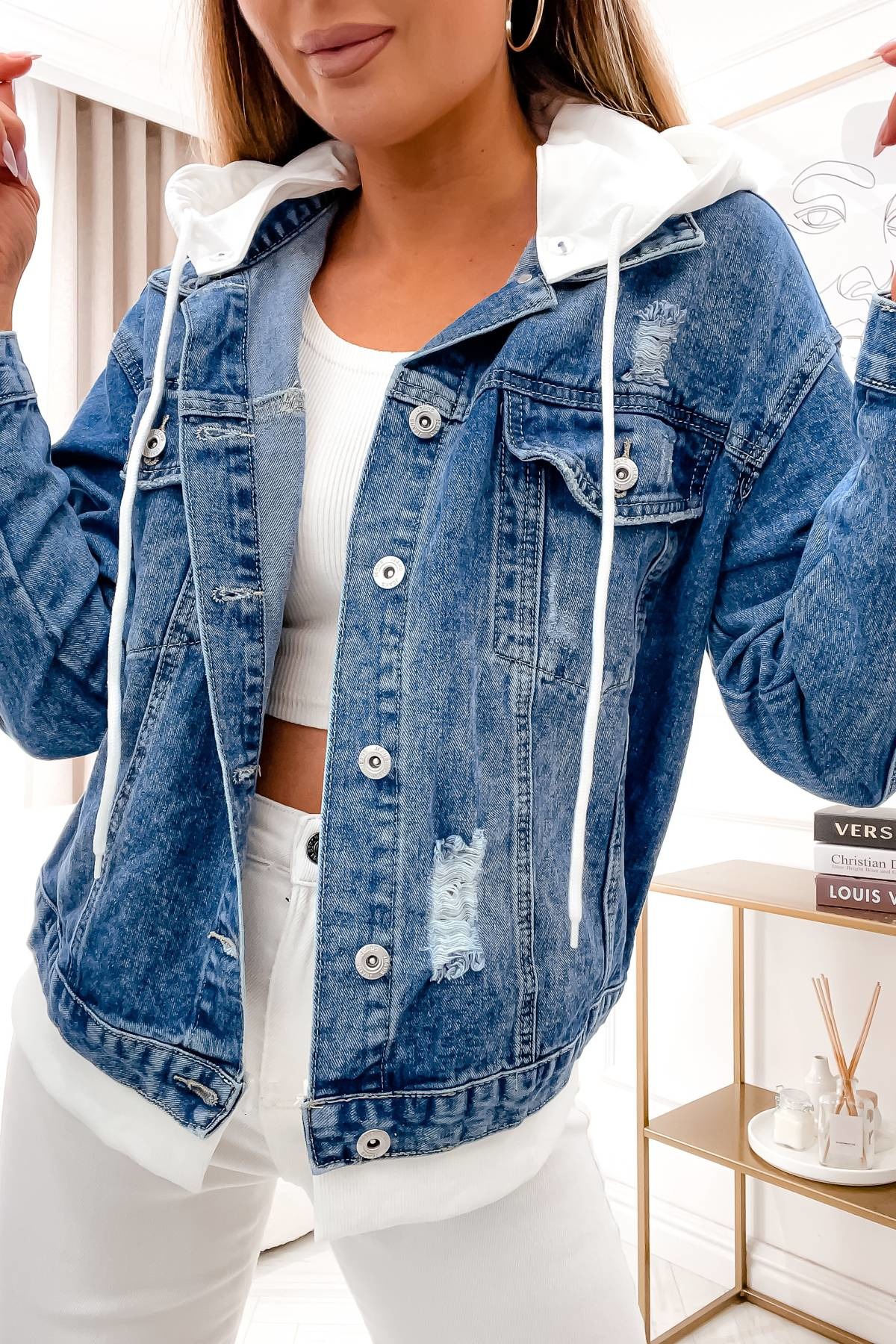 KURTKA JEANSOWA Z DRESOWYMI WSTAWKAMI- CIEMNY JEANS - Olika