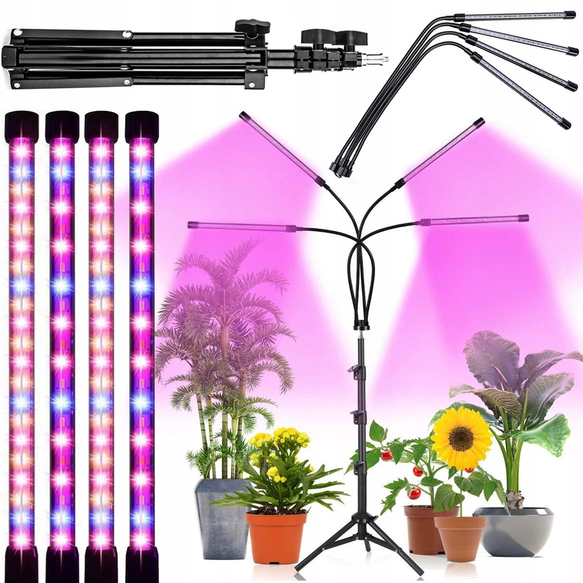 4X Lampa Led Do Uprawy Wzrostu Roślin Statyw Timer 4 Head Grow Light