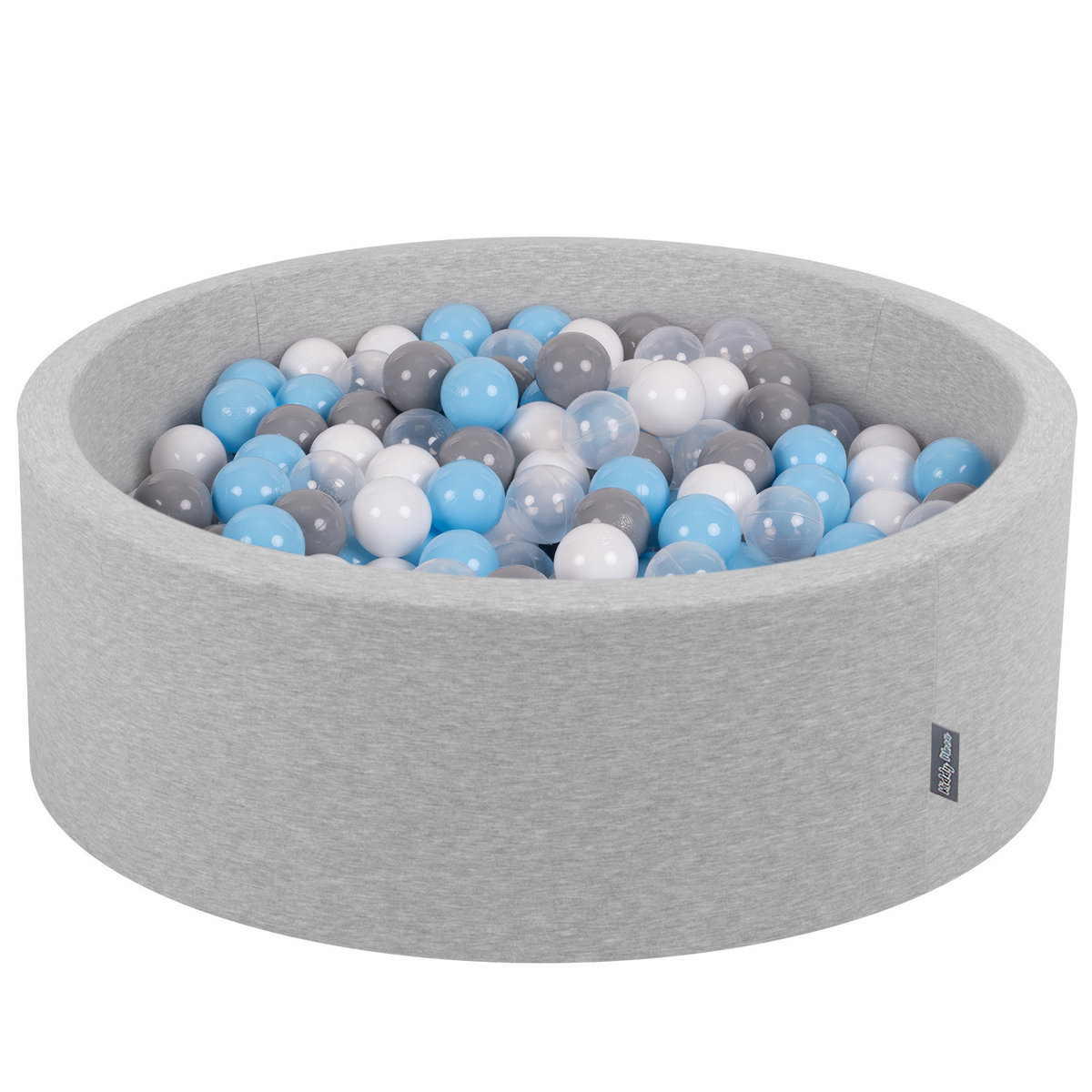 KiddyMoon Suchy basen okrągły z piłeczkami 7cm jasnoszary: szary-biały-transparent-babyblue 90x30cm/300piłek Zabawka basen piankowy