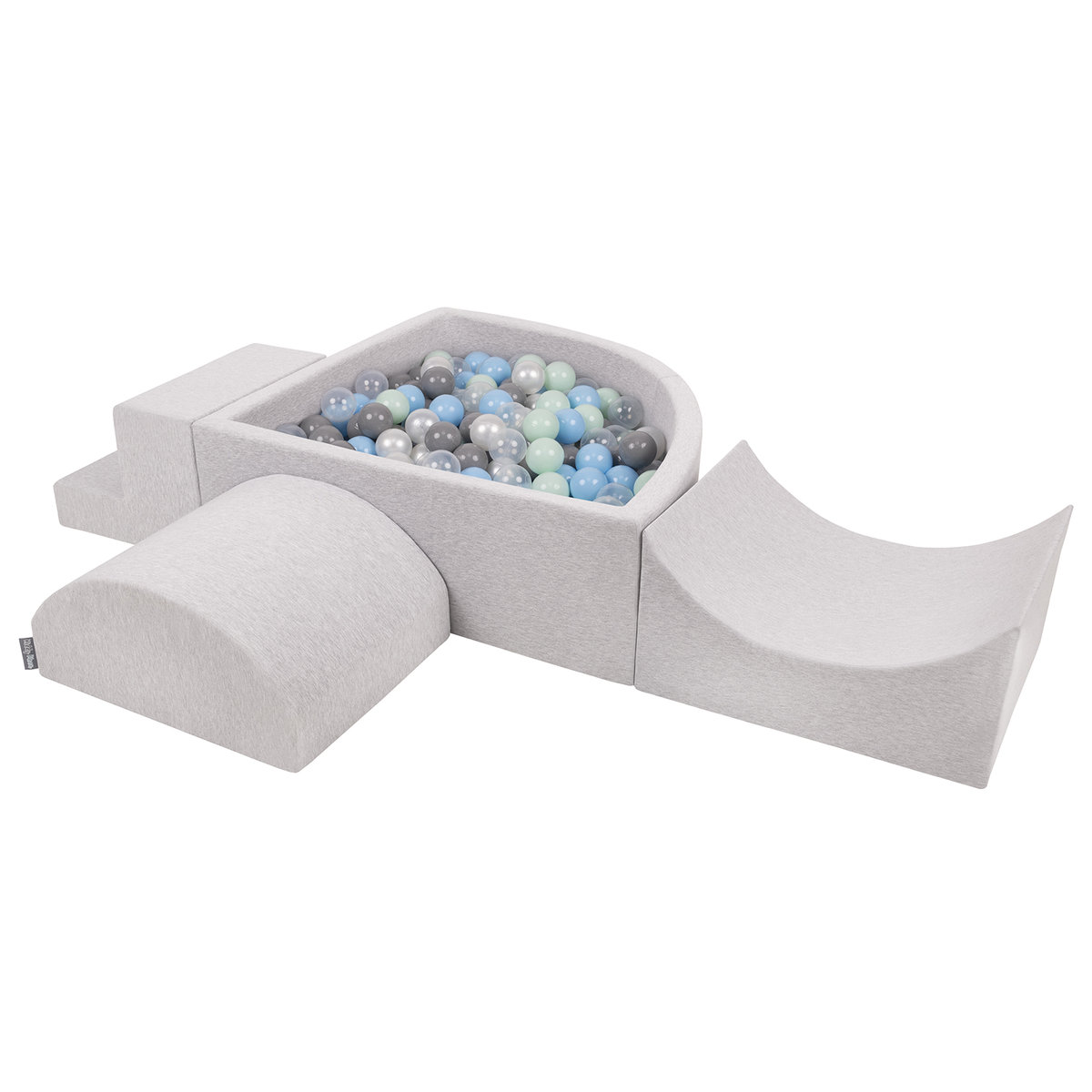 KiddyMoon Piankowy plac zabaw PPZP-TR30D-134 z piłeczkami jasnoszary: perła-szary-transparent-babyblue-mięta basen 300/rampa L/półwałek L/schodek Za..