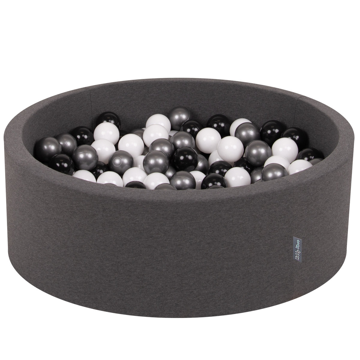 KiddyMoon Suchy basen okrągły z piłeczkami 7cm ciemnoszary: biały-czarny-srebrny 90x30cm/200piłek Zabawka basen piankowy