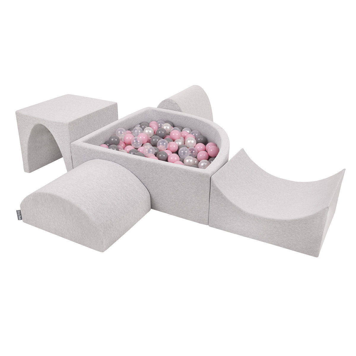 KiddyMoon Piankowy plac zabaw PPZP-TR30D-135 z piłeczkami jasnoszary: perła-szary-transparent-pudrowy róż basen 200/górka/tunel/rampa L/półwałek L Z..