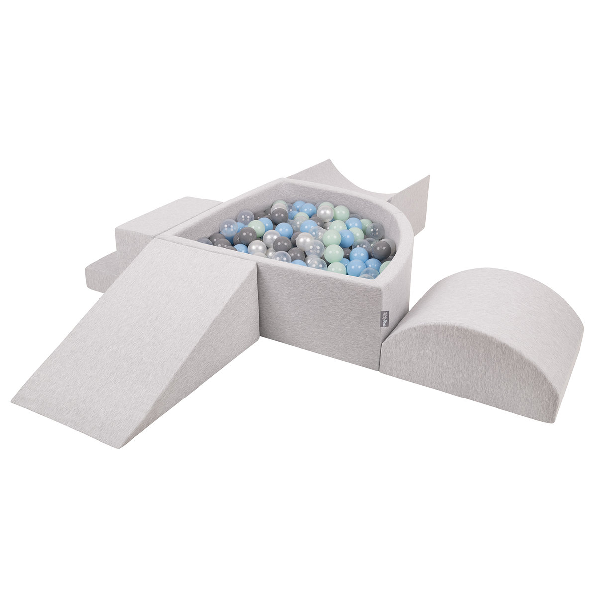 KiddyMoon Piankowy plac zabaw PPZP-TR30D-115 z piłeczkami jasnoszary: perła-szary-transparent-babyblue-mięta basen 200/klin L/rampa L/półwałek L/sch..