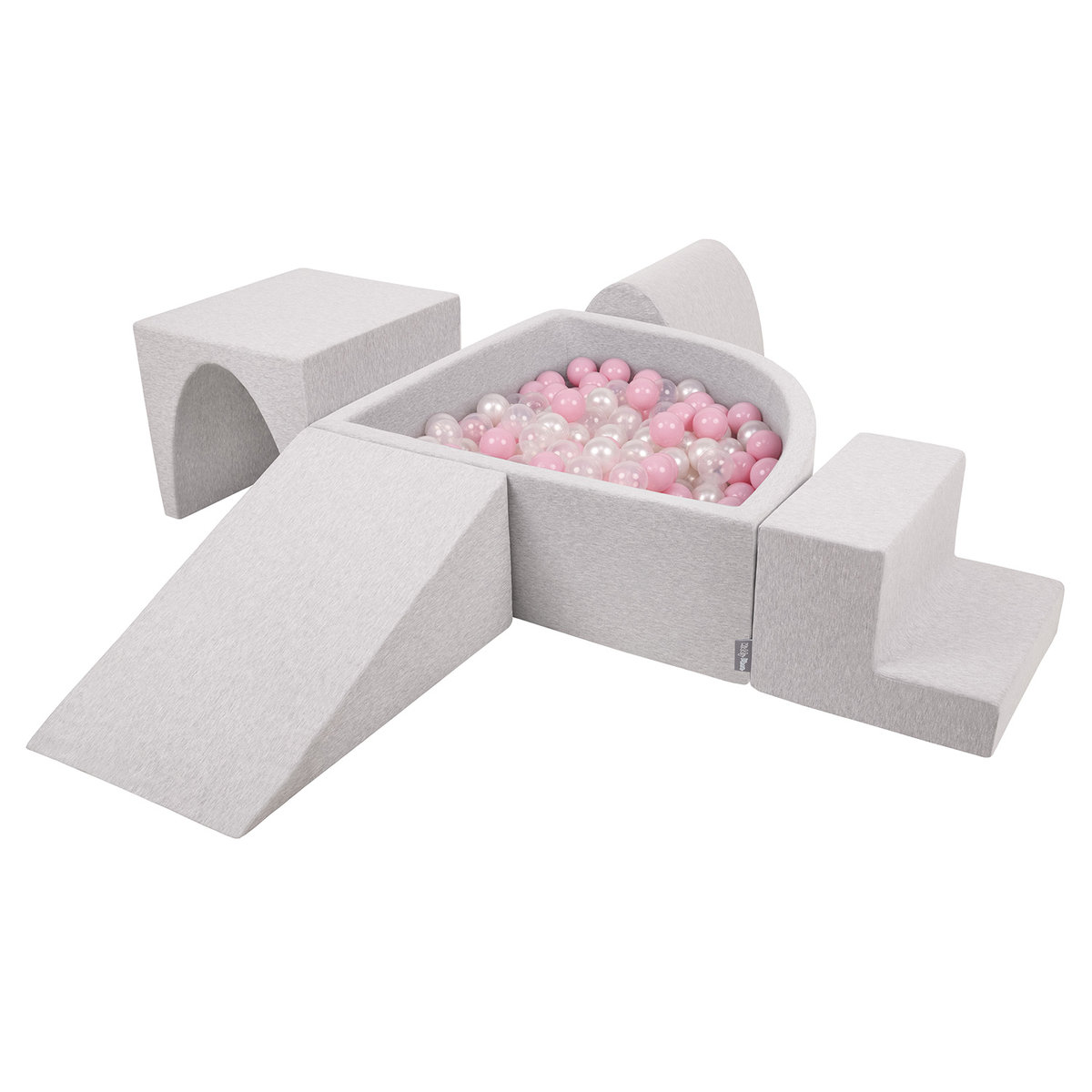 KiddyMoon Piankowy plac zabaw PPZP-TR30D-125 z piłeczkami jasnoszary: pudrowy róż-perła-transparent basen 200/klin L/górka/tunel/schodek Zabawka pla..