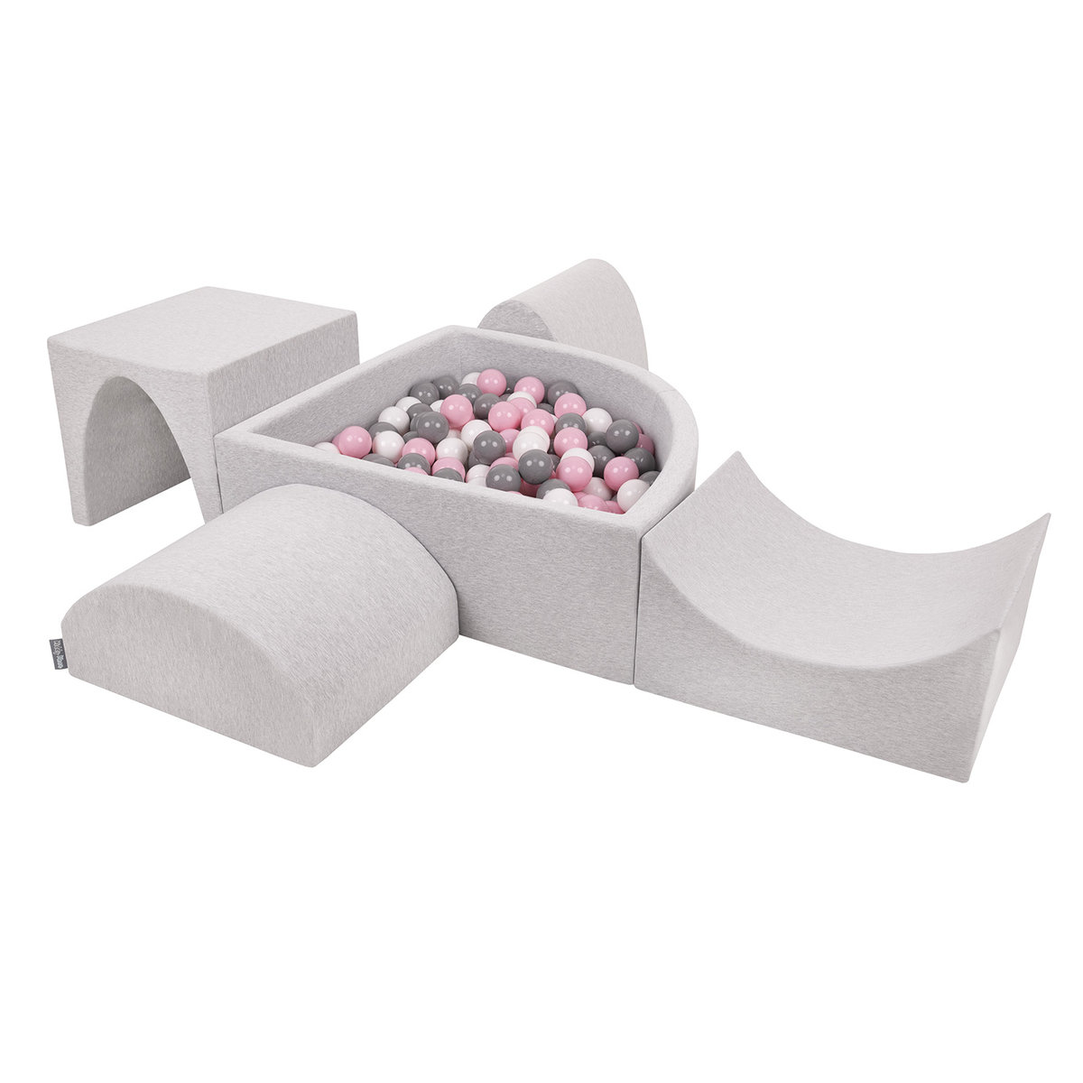 KiddyMoon Piankowy plac zabaw PPZP-TR30D-135 z piłeczkami jasnoszary: biały-szary-pudrowy róż basen 200/górka/tunel/rampa L/półwałek L Zabawka plac ..